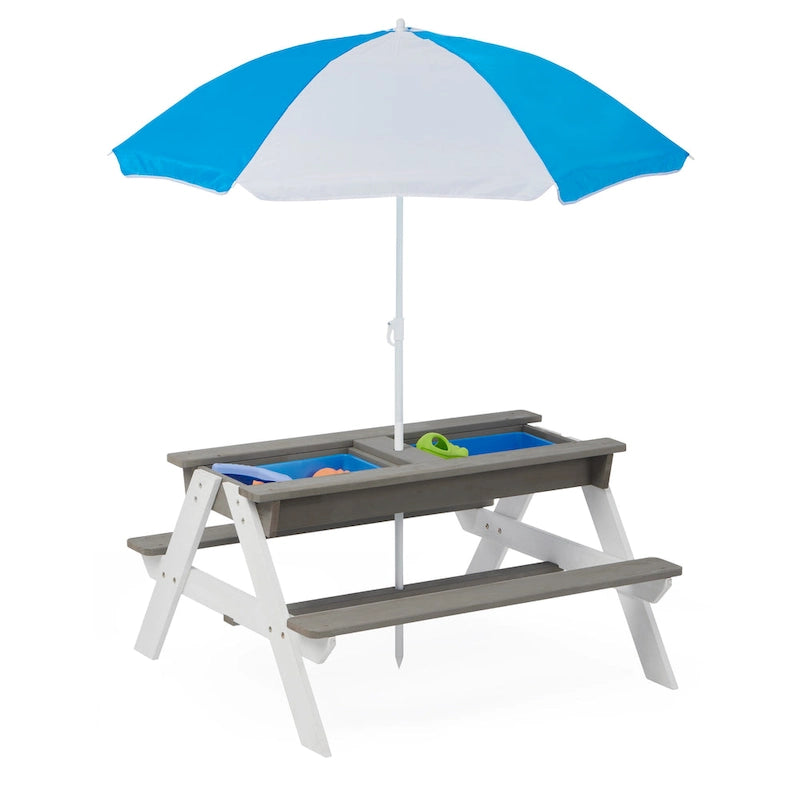 Table de pique-nique extérieure 3 en 1 pour enfants en bois avec parasol, convertible sable et eau