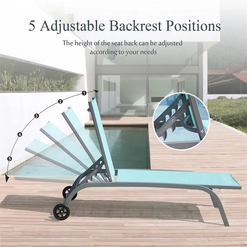 Ensemble de 2 chaises longues, chaises longues à roulettes, chaises longues à 5 positions réglables, chaises de piscine (2 chaises longues)