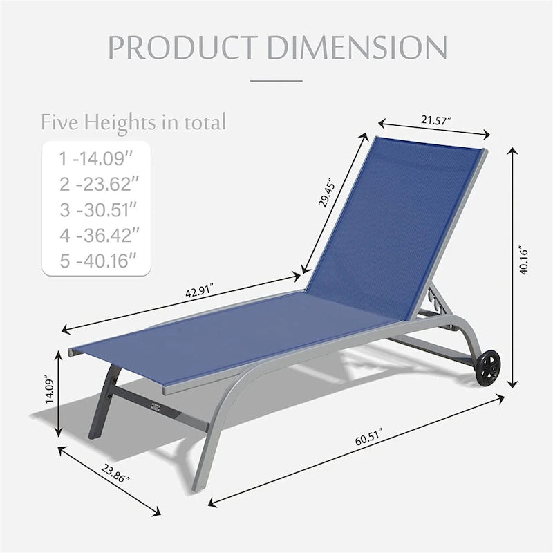 Ensemble de 2 chaises longues, chaises longues à roulettes, chaises longues à 5 positions réglables, chaises de piscine (2 chaises longues)