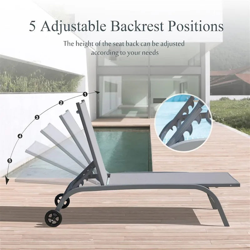 Ensemble de 2 chaises longues, chaises longues à roulettes, chaises longues à 5 positions réglables, chaises de piscine (2 chaises longues)