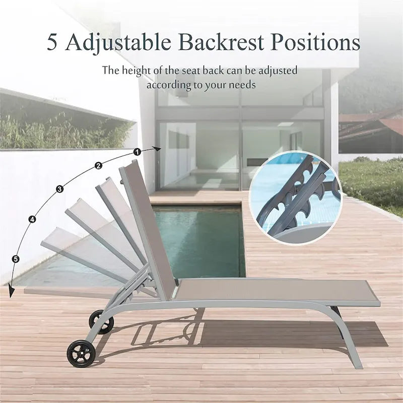 Ensemble de 2 chaises longues, chaises longues à roulettes, chaises longues à 5 positions réglables, chaises de piscine (2 chaises longues)