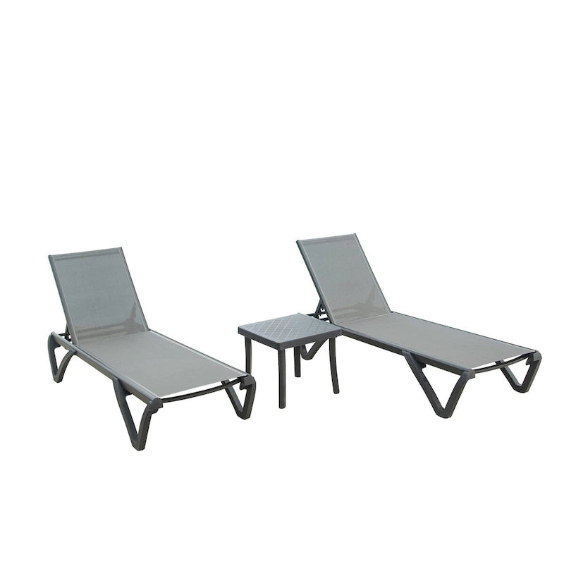 Ensemble de 3 chaises longues de patio, chaise de bain de soleil en polypropylène avec 5 positions réglables (2 chaises longues + 1 table)