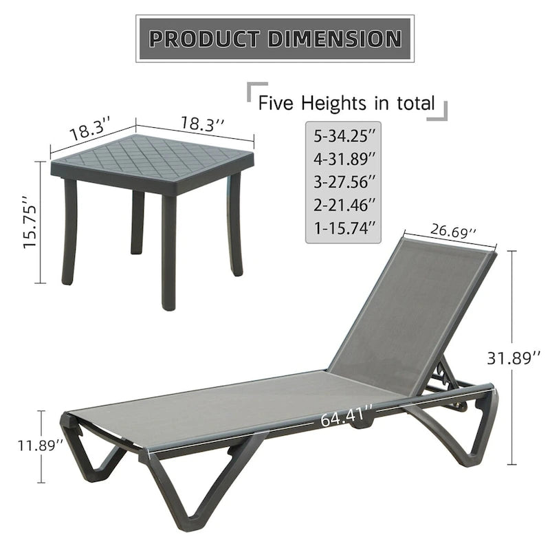 Ensemble de 3 chaises longues de patio, chaise de bain de soleil en polypropylène avec 5 positions réglables (2 chaises longues + 1 table)