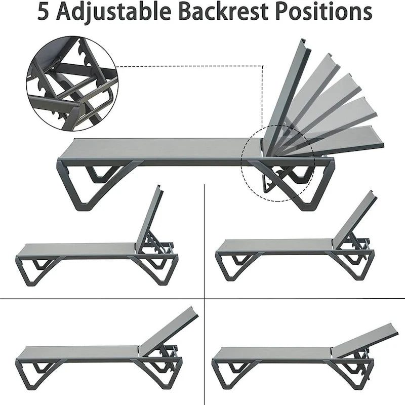 Ensemble de 3 chaises longues de patio, chaise de bain de soleil en polypropylène avec 5 positions réglables (2 chaises longues + 1 table)