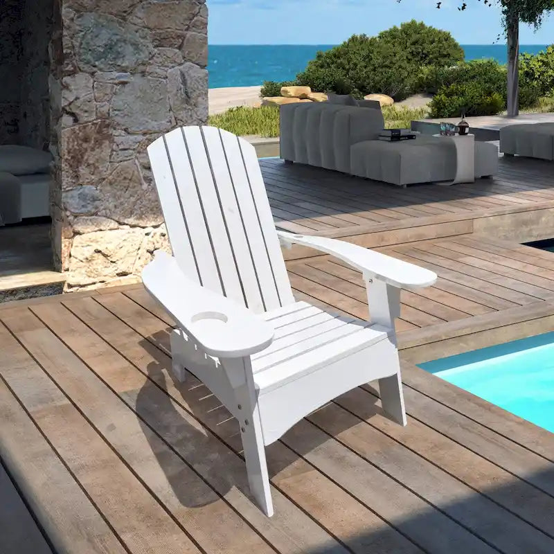 Chaise Adirondack en bois pour l'extérieur ou l'intérieur, avec un trou pour parasol sur l'accoudoir