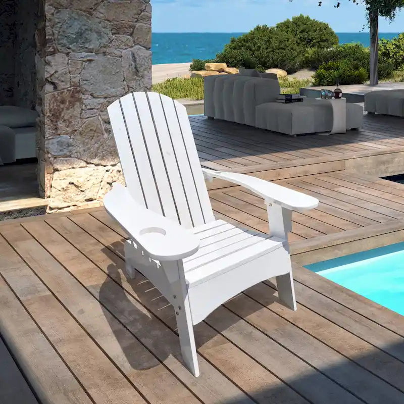 Chaise Adirondack en bois pour l'extérieur ou l'intérieur, avec un trou pour parasol sur l'accoudoir