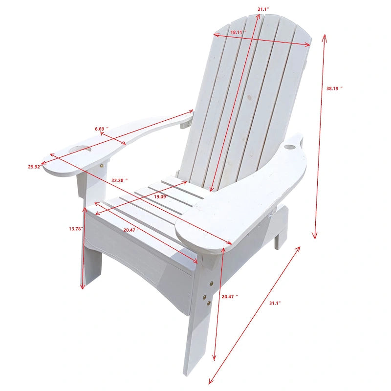 Chaise Adirondack en bois pour l'extérieur ou l'intérieur, avec un trou pour parasol sur l'accoudoir