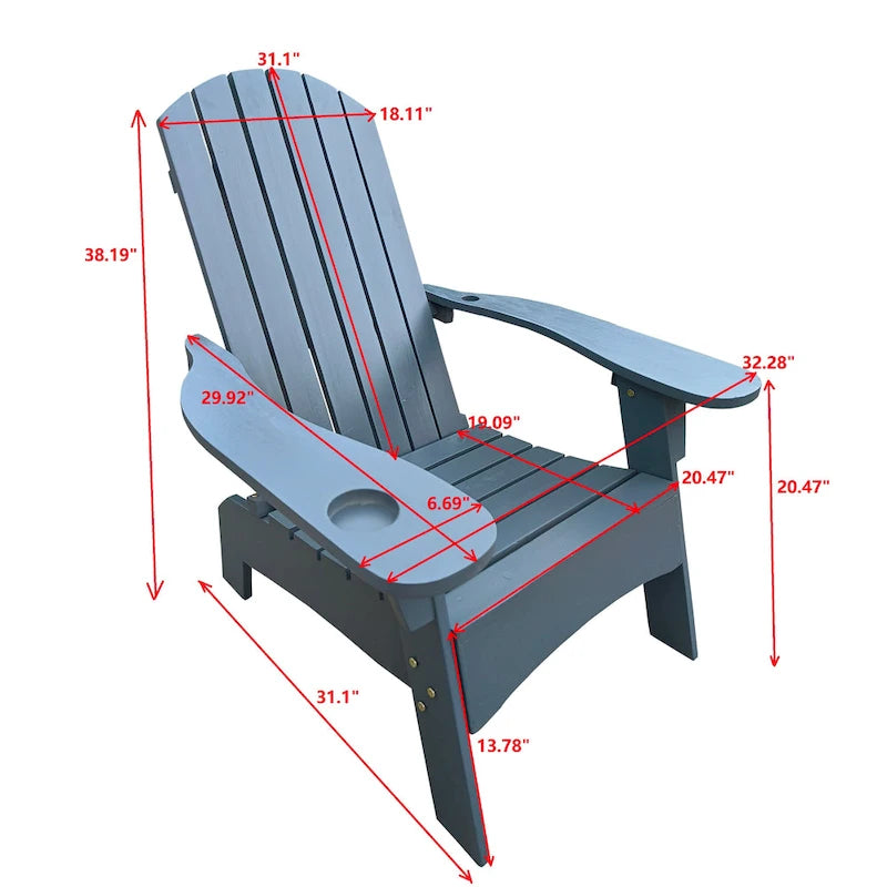 Chaise Adirondack en bois pour l'extérieur ou l'intérieur, avec un trou pour parasol sur l'accoudoir