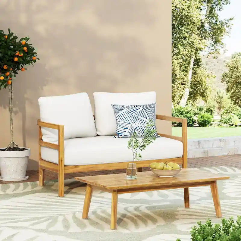 Outdoor Acacia Wood Loveseat and Coffee Table Set with Cushions, Teak and White