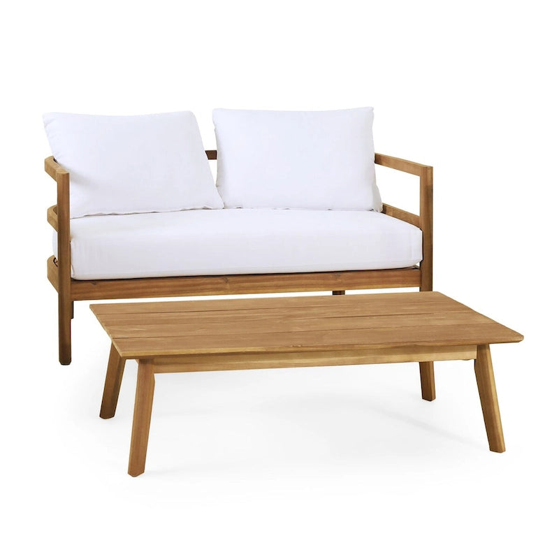 Ensemble canapé deux places et table basse d'extérieur en bois d'acacia avec coussins, teck et blanc