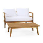 Ensemble canapé deux places et table basse d'extérieur en bois d'acacia avec coussins, teck et blanc