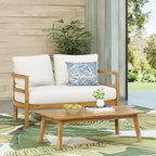 Ensemble canapé deux places et table basse d'extérieur en bois d'acacia avec coussins, teck et blanc