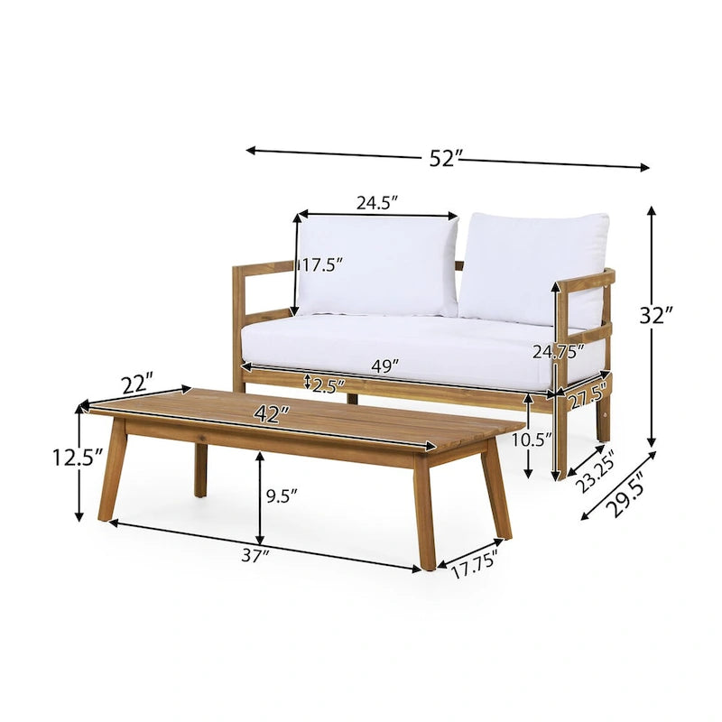 Ensemble canapé deux places et table basse d'extérieur en bois d'acacia avec coussins, teck et blanc