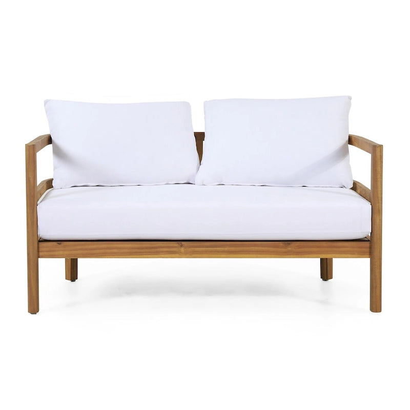 Ensemble canapé deux places et table basse d'extérieur en bois d'acacia avec coussins, teck et blanc