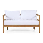 Ensemble canapé deux places et table basse d'extérieur en bois d'acacia avec coussins, teck et blanc