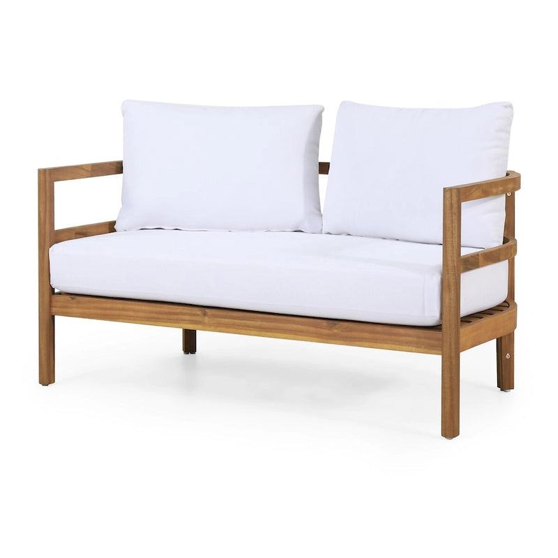 Ensemble canapé deux places et table basse d'extérieur en bois d'acacia avec coussins, teck et blanc