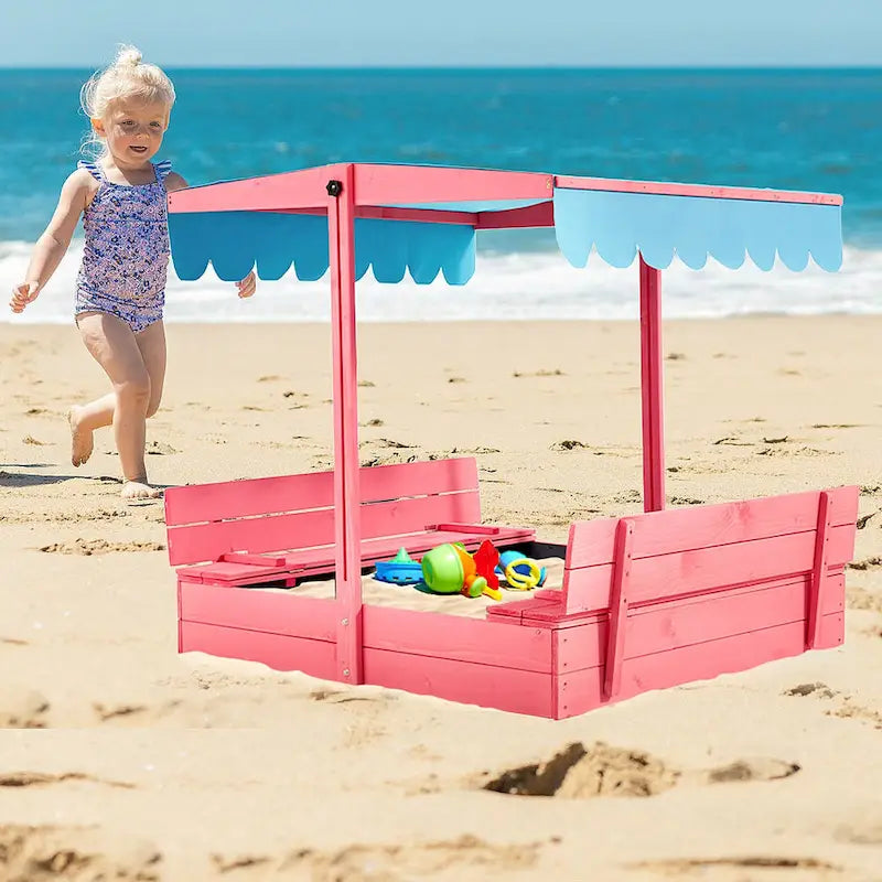 Bac à sable en bois pour enfants EROMMY avec bancs pliables et auvent réglable, rose