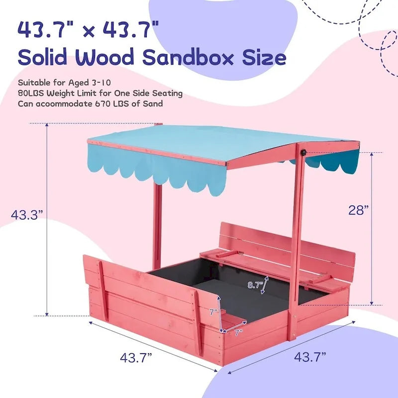 Bac à sable en bois pour enfants EROMMY avec bancs pliables et auvent réglable, rose