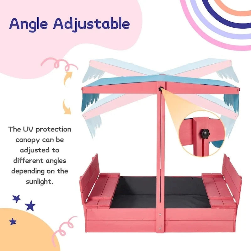 Bac à sable en bois pour enfants EROMMY avec bancs pliables et auvent réglable, rose