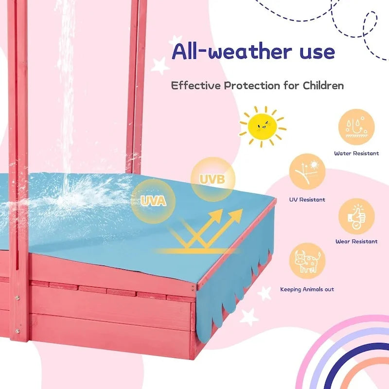 Bac à sable en bois pour enfants EROMMY avec bancs pliables et auvent réglable, rose