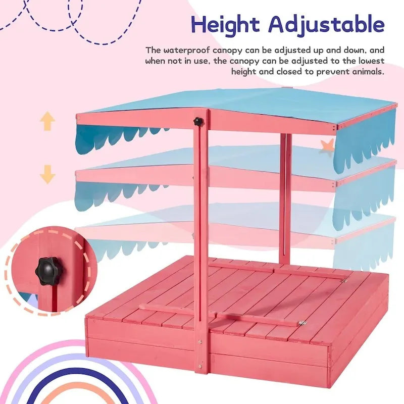 Bac à sable en bois pour enfants EROMMY avec bancs pliables et auvent réglable, rose